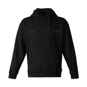 QD x Midnite Garage premium black hoodie with dual logo on chest and mechanic-cat JDM graphic on back – motorsport streetwear