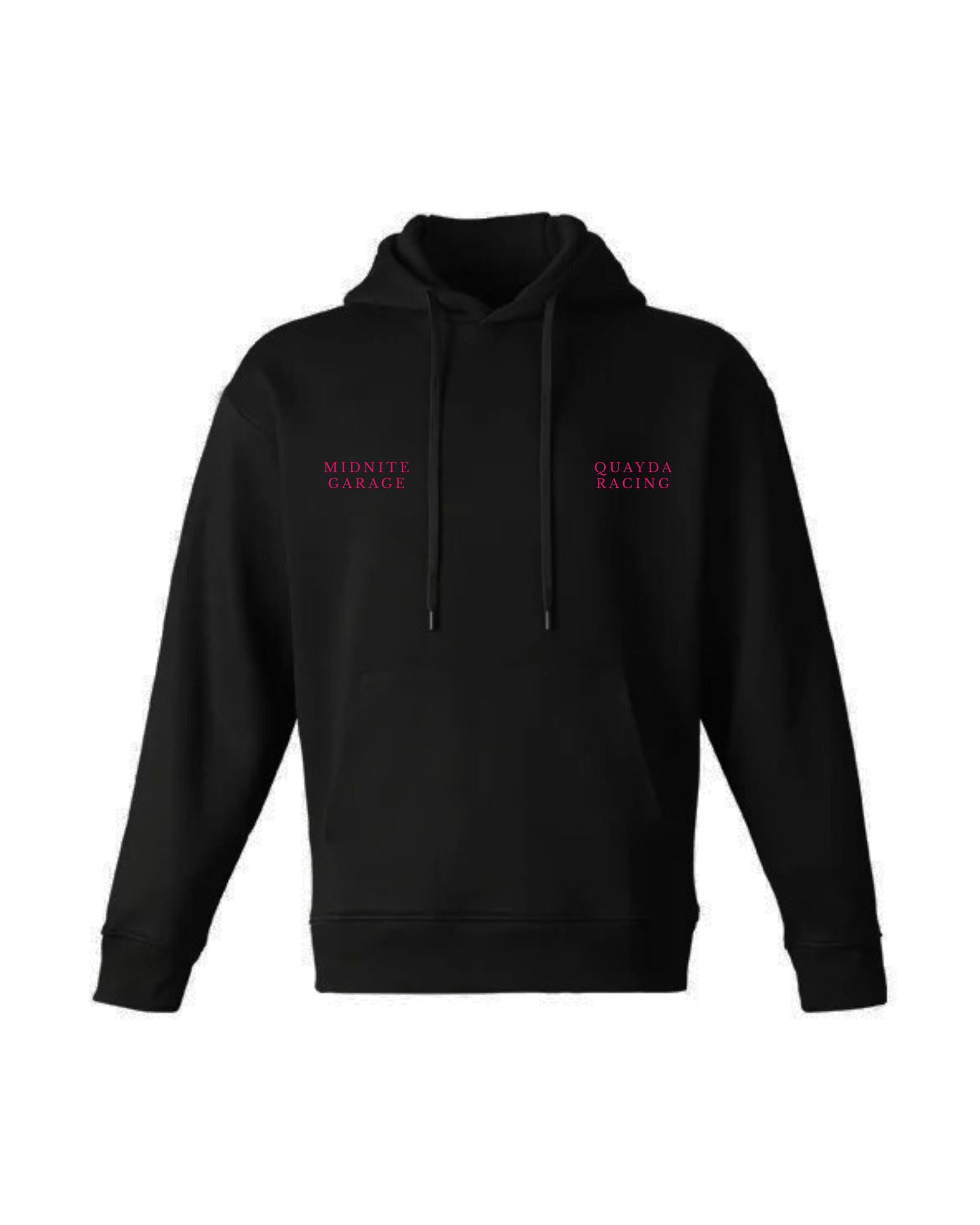 QD x Midnite Garage premium black hoodie with dual logo on chest and mechanic-cat JDM graphic on back – motorsport streetwear